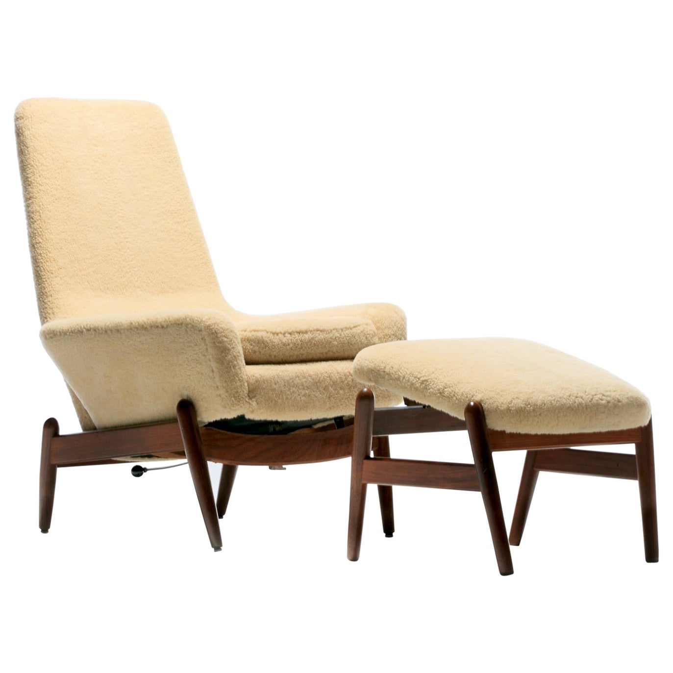 Ib Kofod Larsen Oatmeal Sheepskin & Walnut Reclining Lounge Chair & Ottoman 