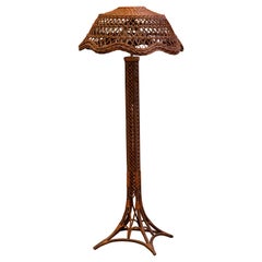 Art Deco Wicker Floor Lamp with Eiffel Tower Base and Lattice Shade
