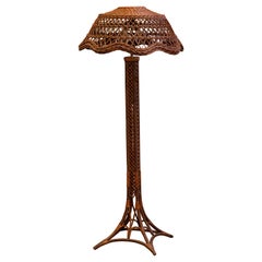Art Deco Wicker Floor Lamp with Eiffel Tower Base and Lattice Shade