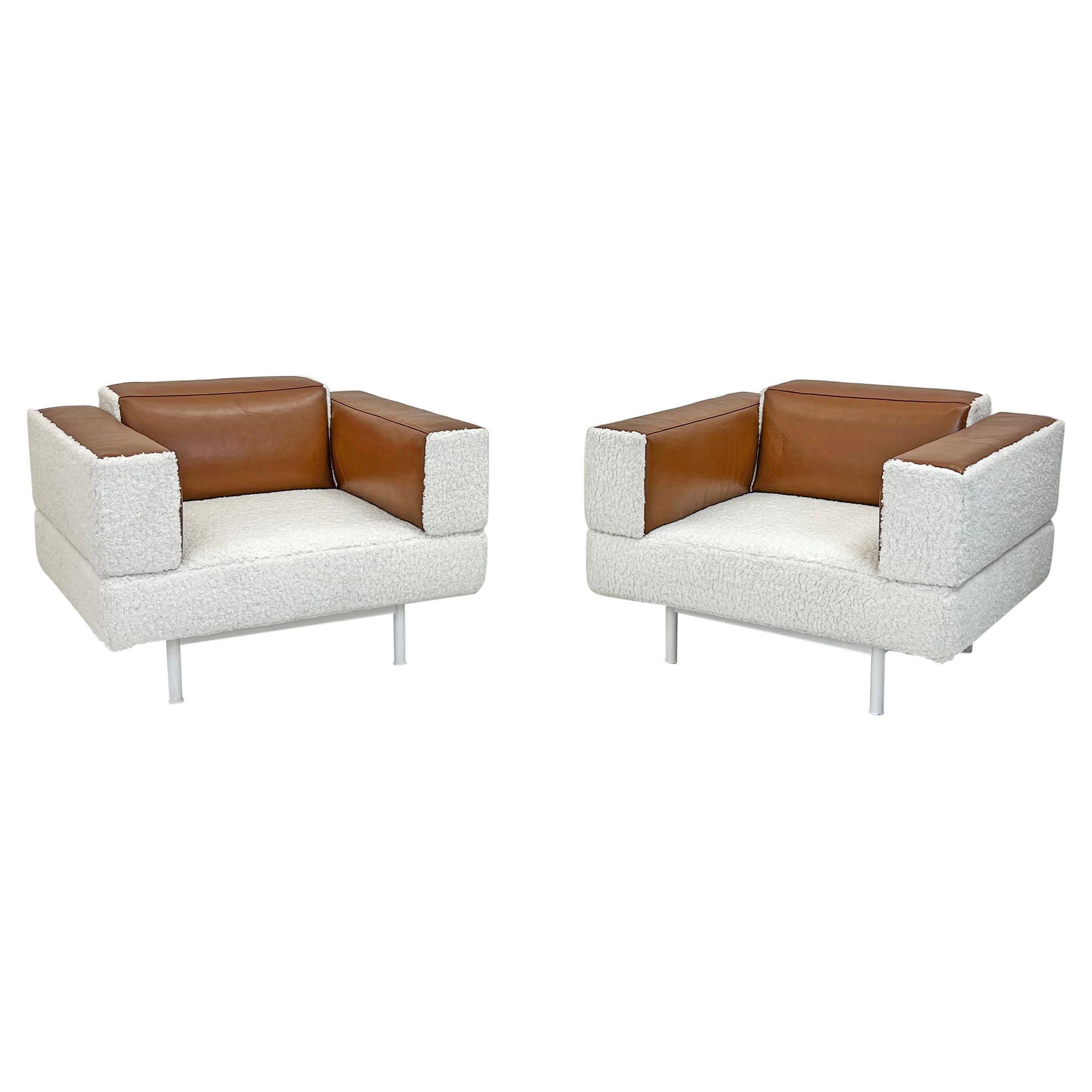 Piero Lissoni Reef Chairs in Cognac Leather and Boucle, Cassina, 2001 