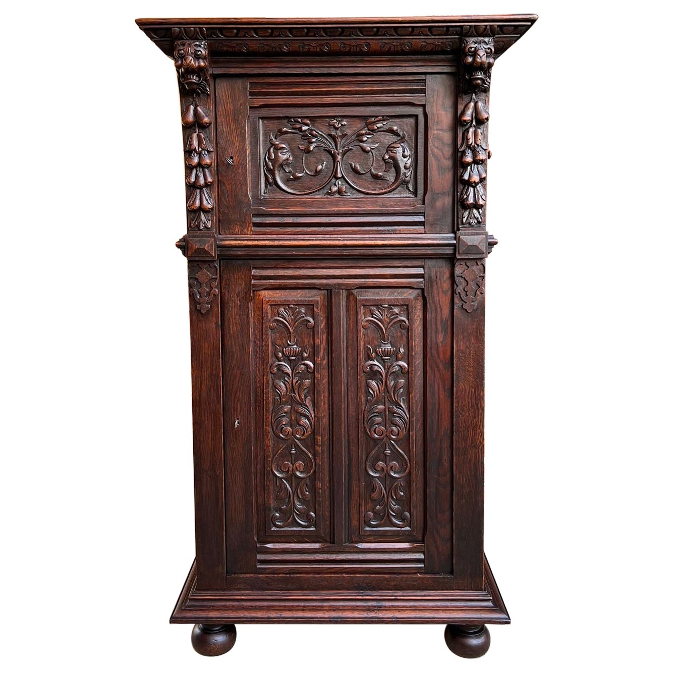 Antique French Cabinet Renaissance Carved Oak Bookcase Wine Cellarette Sideboard For Sale
