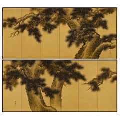 Used Early 20th Century Japanese Screen Pair - Ink Pine Trees on Gold