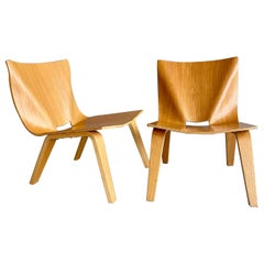 Pair of Vintage Plywood Oak Low Easy Chairs, Italy, 1990
