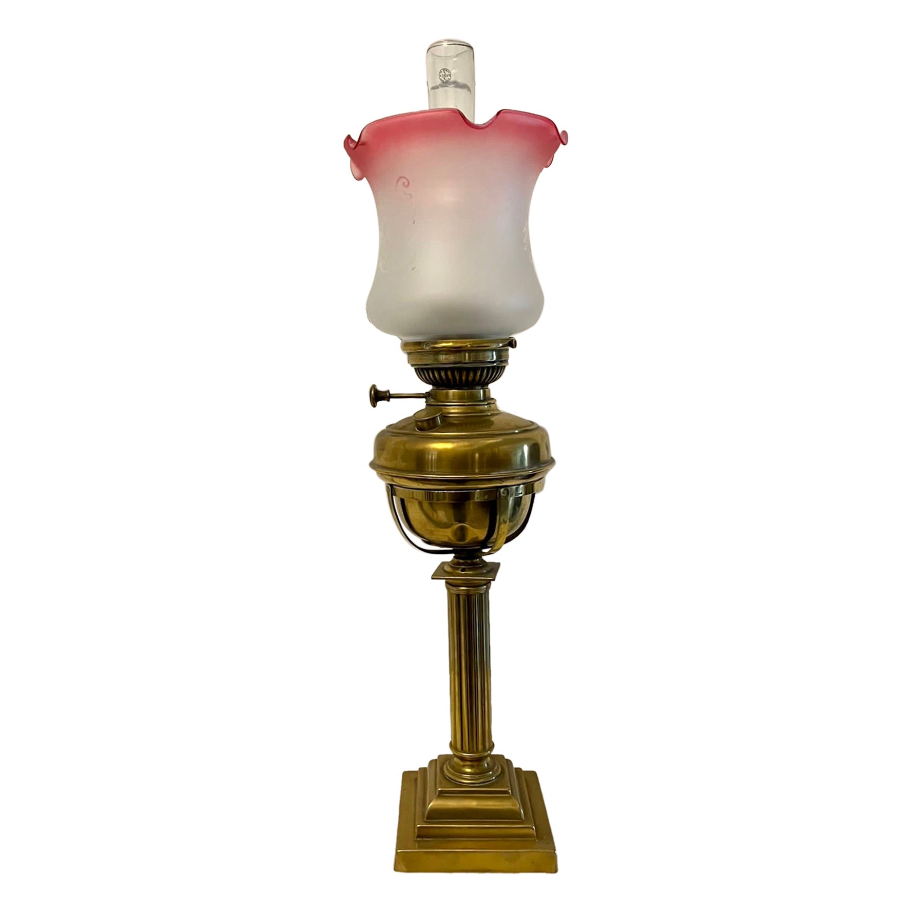 Antique Victorian Reeded Column Brass Oil Lamp For Sale