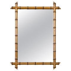 French Turn of the Century Walnut Faux Bamboo Light Brown Wall Mirror, 1900s