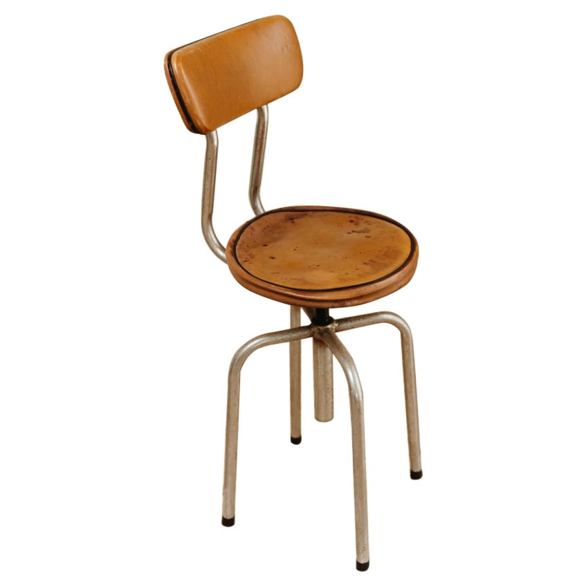 Chaise/tabouret pivotant en cuir et chrome des années 1950 