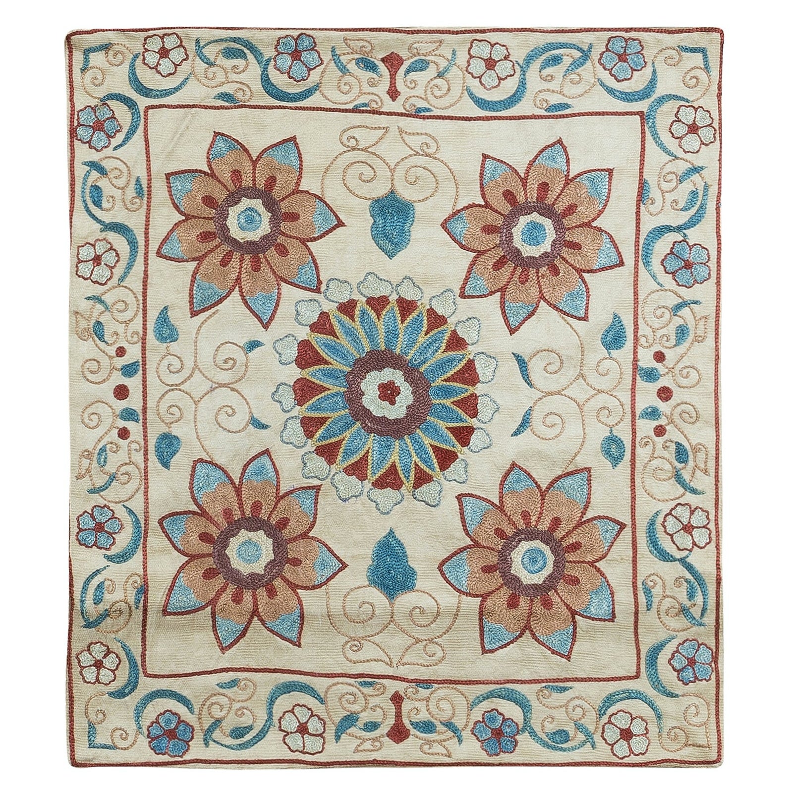 100% Silk Floral Embroidered Suzani Cushion Cover in Teal, Red and Cream For Sale