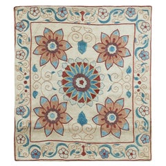 19 "x21" Housse de coussin Suzani brodée de fleurs 100 % soie en sarcelle, rouge et crème