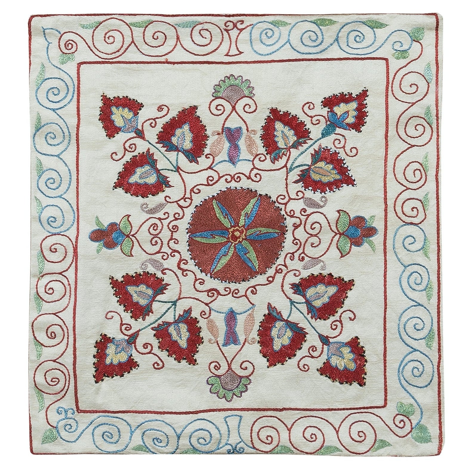 Zentralasiatisches Suzani-Textil-Überwurfkissen, 100 % Seidenkissenbezug