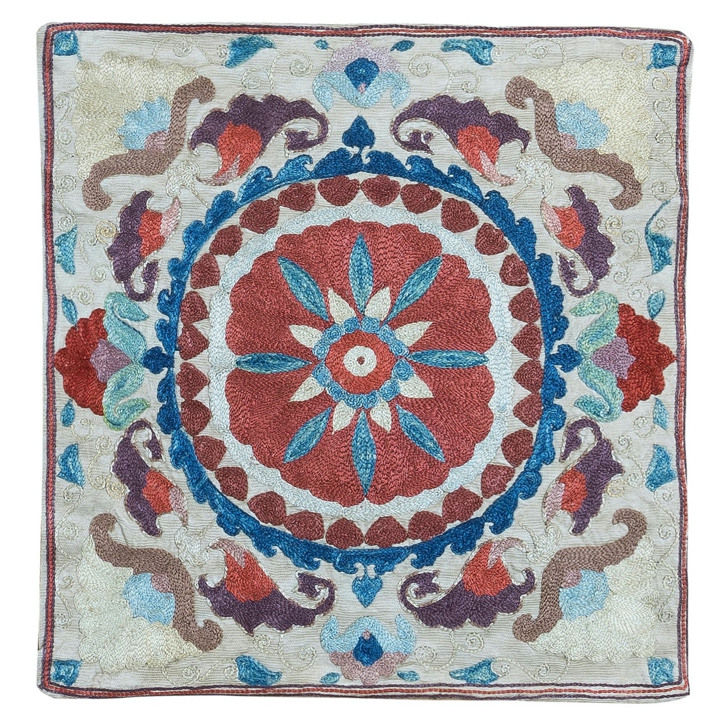 Handmade 100% Silk Suzani Cushion Cover, Embroidered Uzbek Lace Pillow