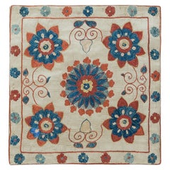 100% Silk Suzani Hand Embroidered Cushion Cover in Cream, Blue and Red