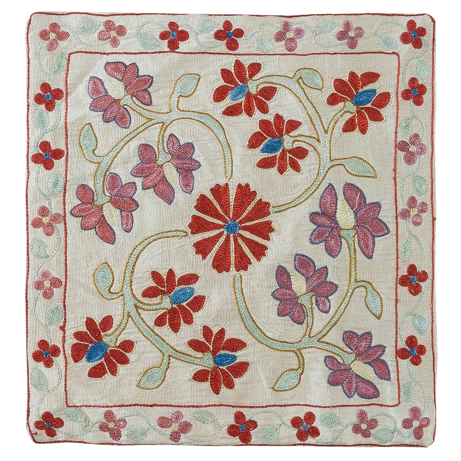 Revêtement de coussin à motifs floraux 17"x18", entièrement brodé à la main en soie