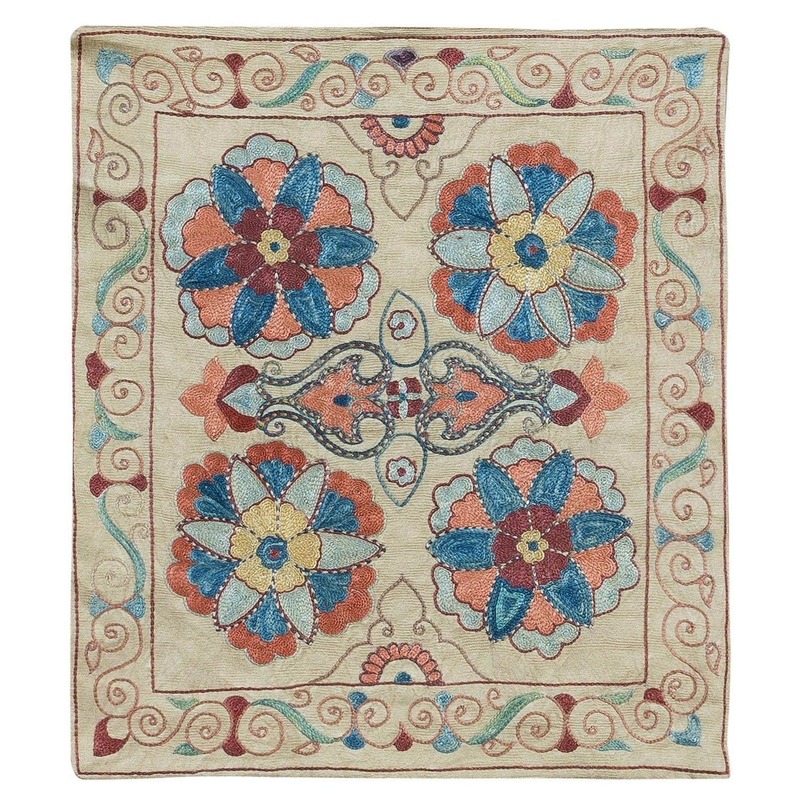 Uzbek Floral Pattern Suzani Cushion Cover, Embroidered Pillow, All Silk For Sale