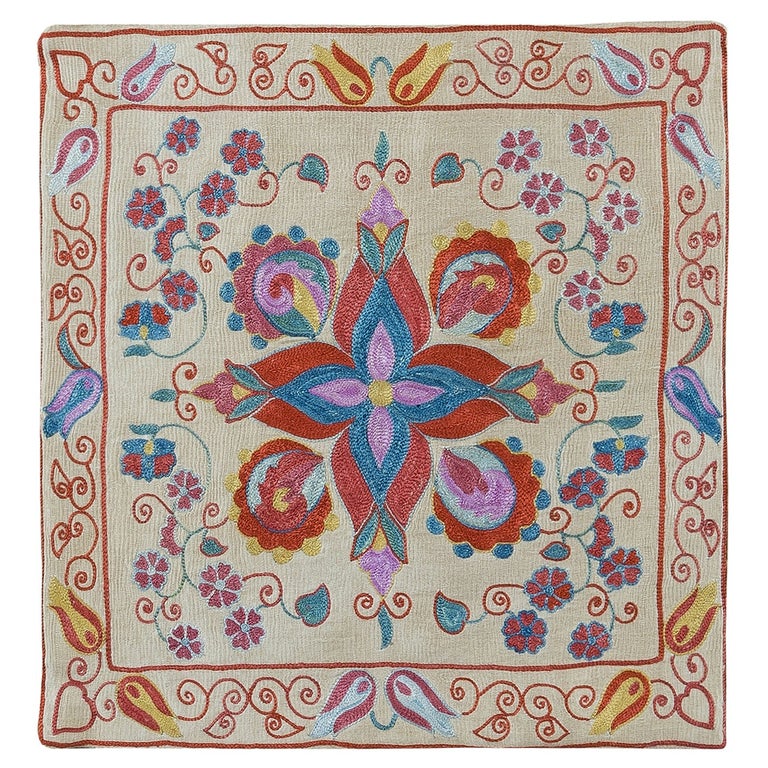 Uzbek Suzani Fabric Cushion Cover, All Silk Hand Embroidery Pillow