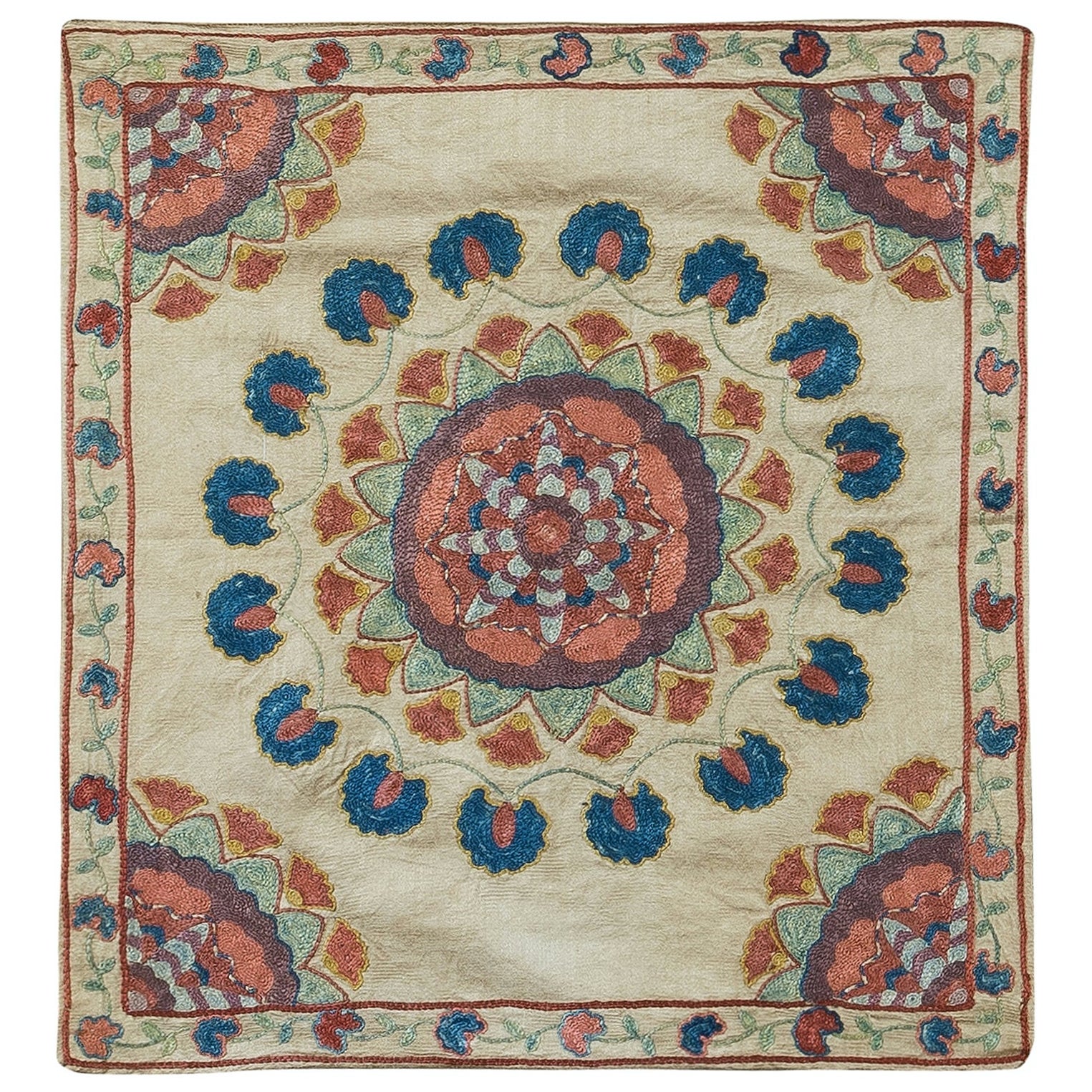Suzani Textile Throw Pillow, 100% Silk Cushion Cover, Embroidered Sham