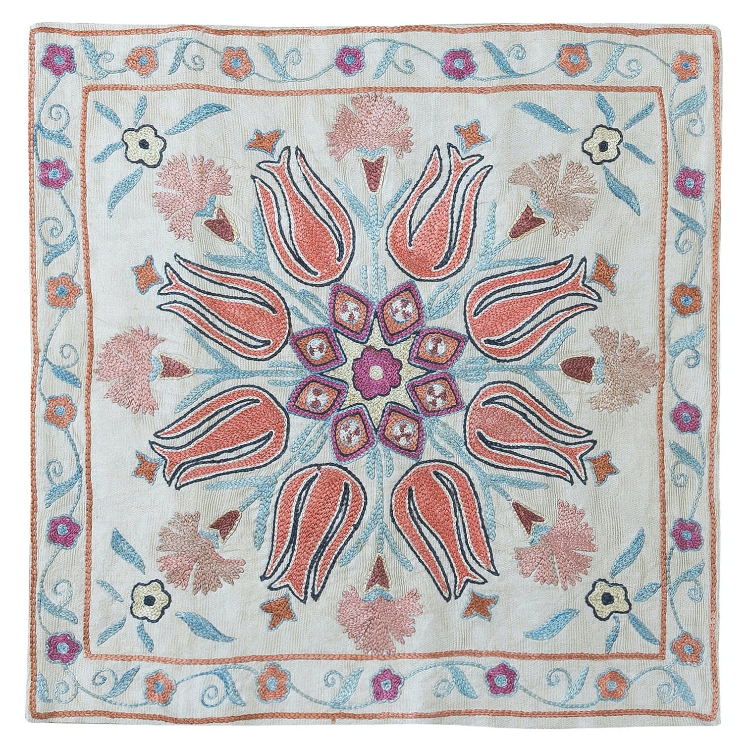 Uzbek Suzani Throw Pillow, 100% Silk Hand Embroidery Cushion Cover. 19"x19"