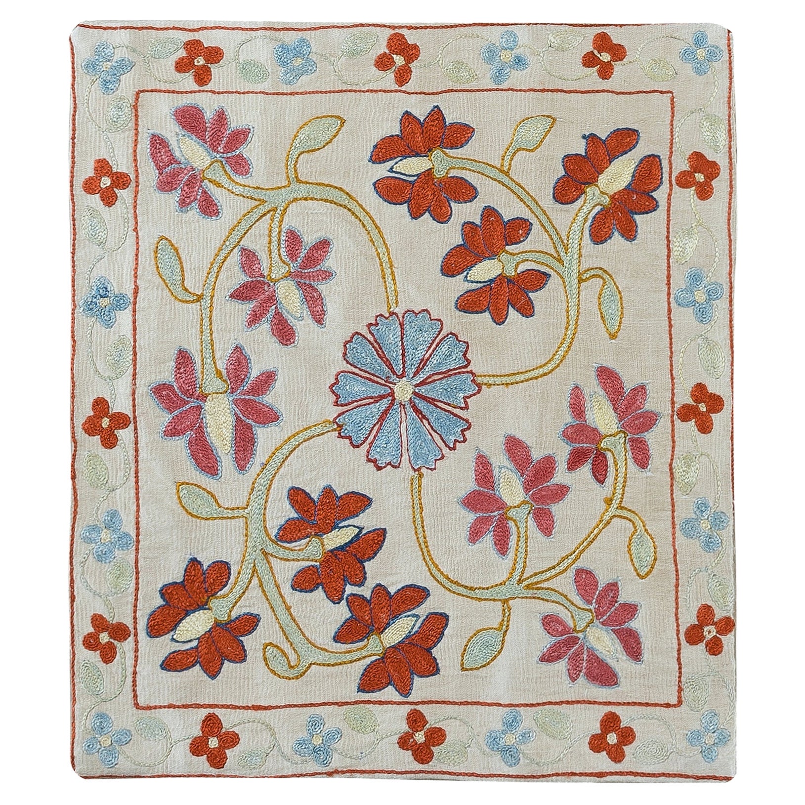 Floral Suzani Cushion Cover, 100% Silk Sham, Embroidered Pillowcase