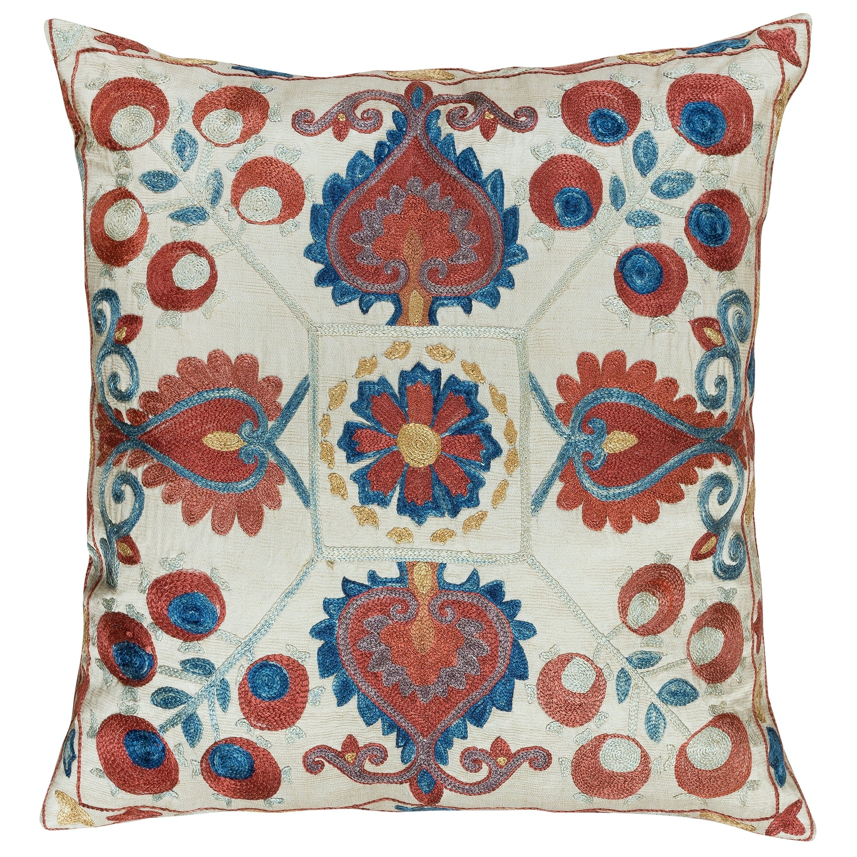 Decorative Suzani Cushion Cover, 100% Silk Hand Embroidered Lace Pillow
