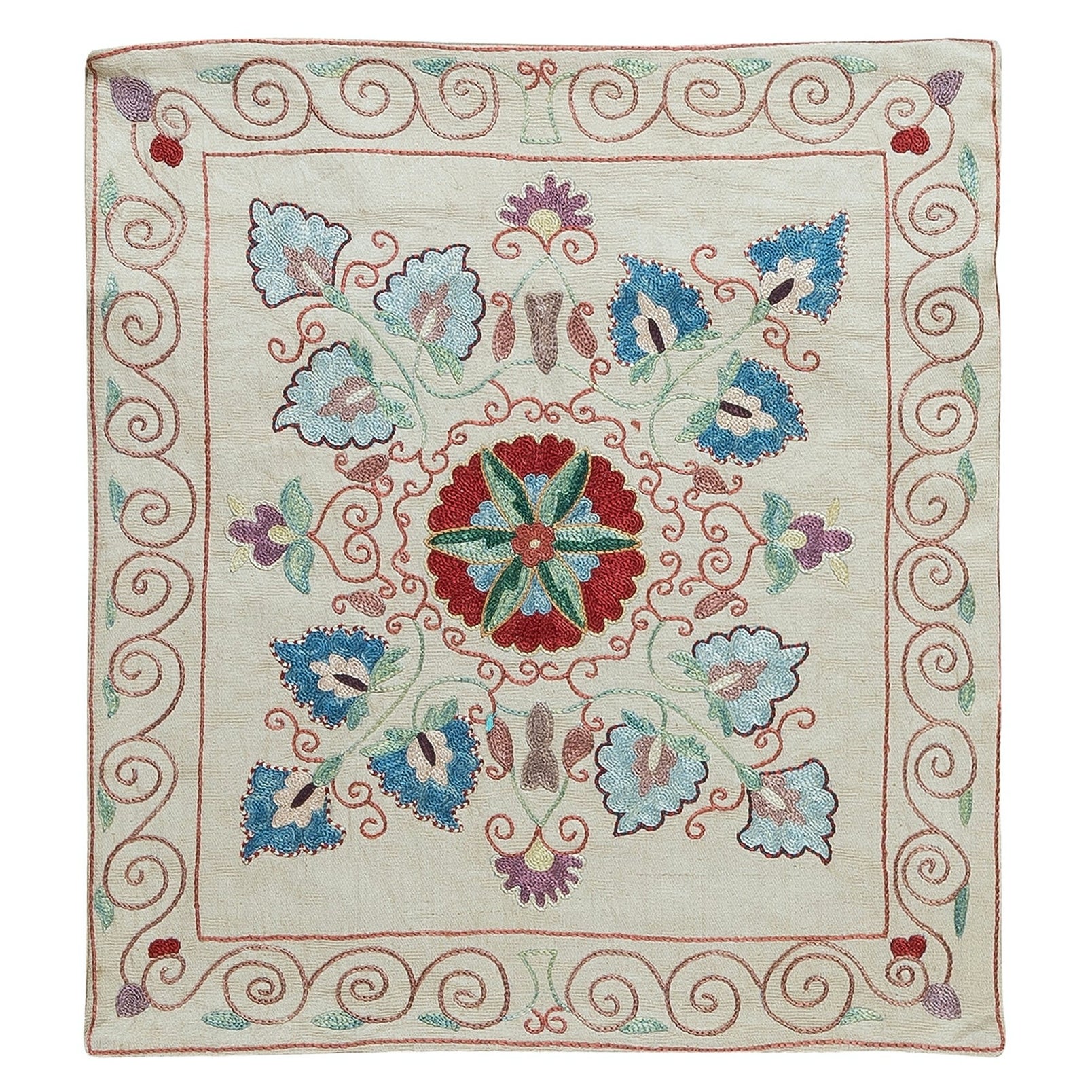Uzbek handmade 100% Silk Suzani Cushion Cover, Embroidered Lace Pillow