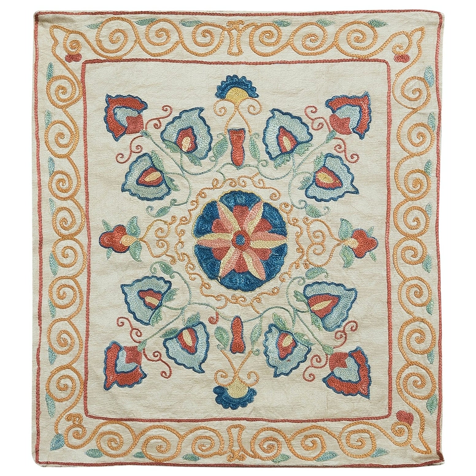 Suzani Textile Throw Pillow, 100% Silk Cushion Cover, Embroidered Pillow