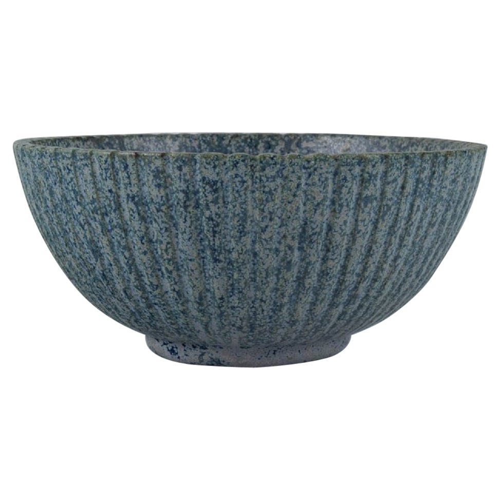 Arne Bang, Ceramic Bowl in Grooved Design, Glaze in Shades of Blue