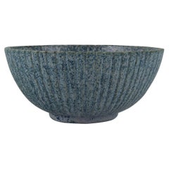 Arne Bang, Ceramic Bowl in Grooved Design, Glaze in Shades of Blue