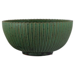 Arne Bang, Ceramic Bowl in Fluted Design, Glaze in Shades of Green