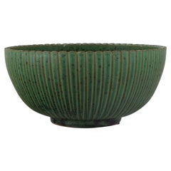 Vintage Arne Bang, Ceramic Bowl in Fluted Design, Glaze in Shades of Green