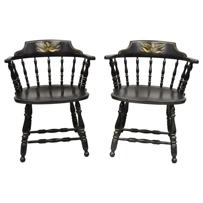 Vintage S. Bent and Bros Black Painted Eagle Colonial Style Pub Chairs