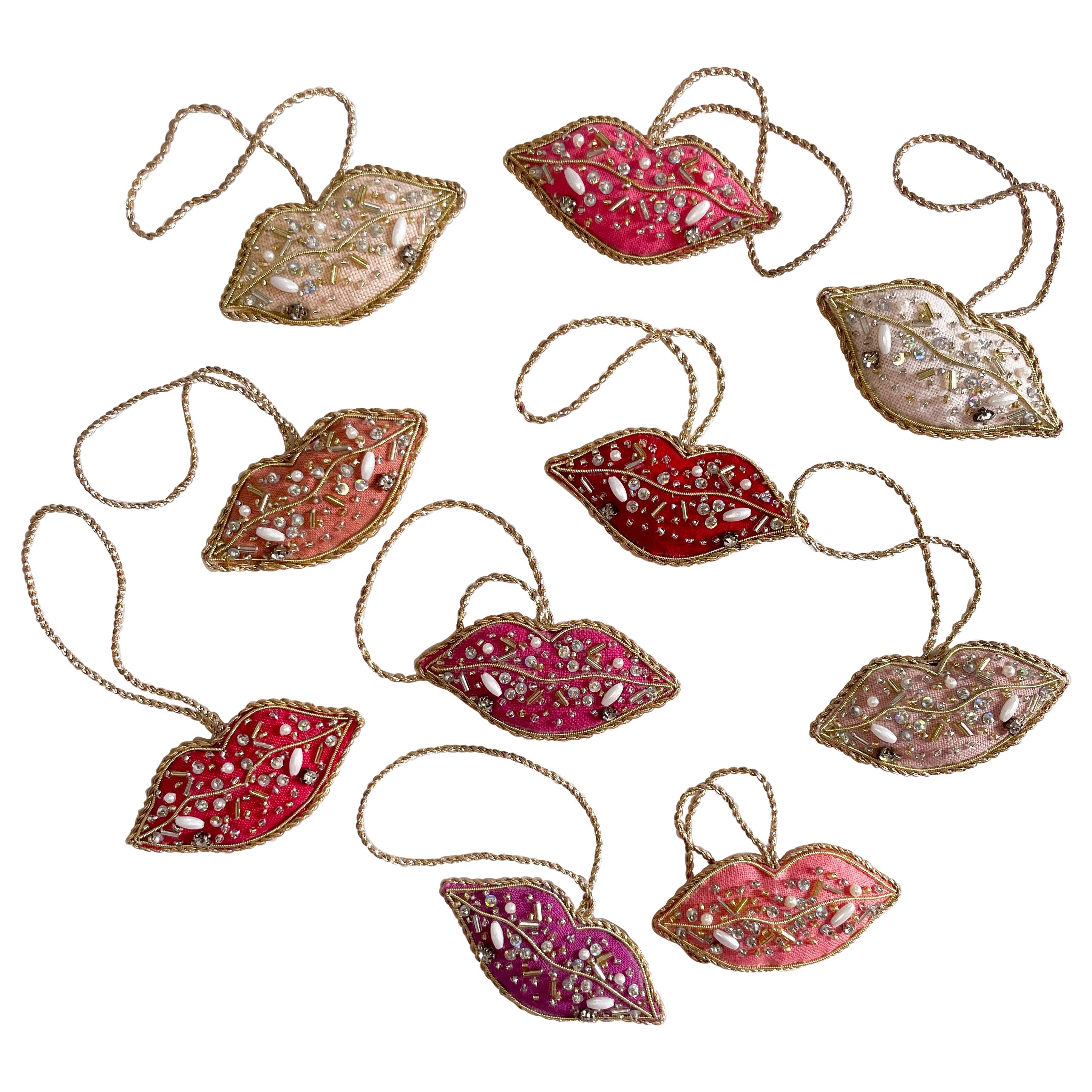 Unknown Set of 10 Limited Edition Artisan Irish Linen Lips Ornament Pink Red Valentine For Sale