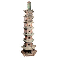 Chinese Antique Monumental Buddhist Wooden Pagoda Tower, 70 Inches 