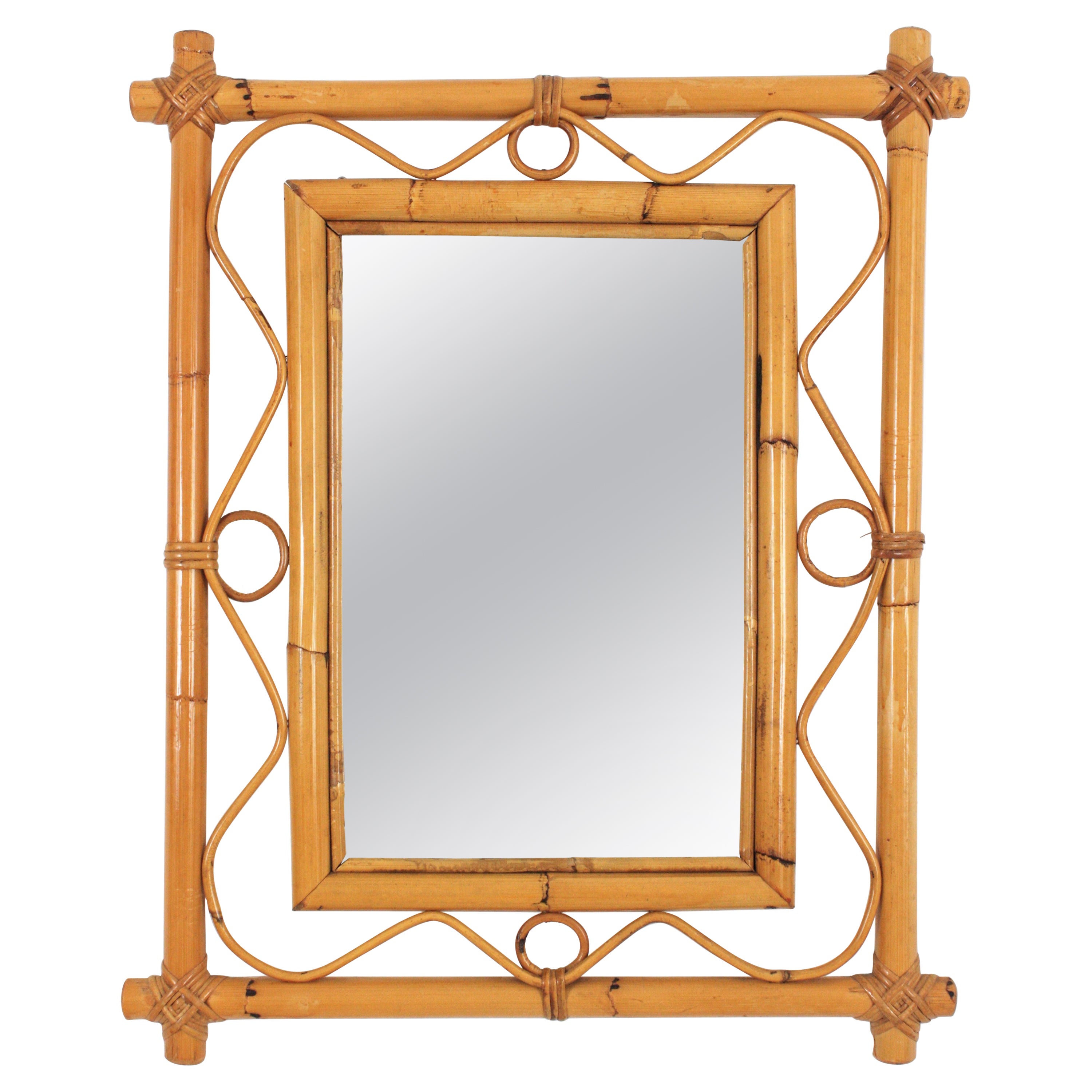 Franco Albini Style Rattan Bamboo Rectangular Mirror, 1960s