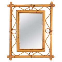 Vintage Bamboo Rattan Wall Mirror in the Style of Franco Albini