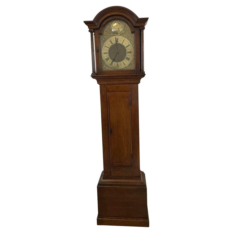Antique Quality Oak Three Train Chiming Brass Face Longcase Clock For Sale