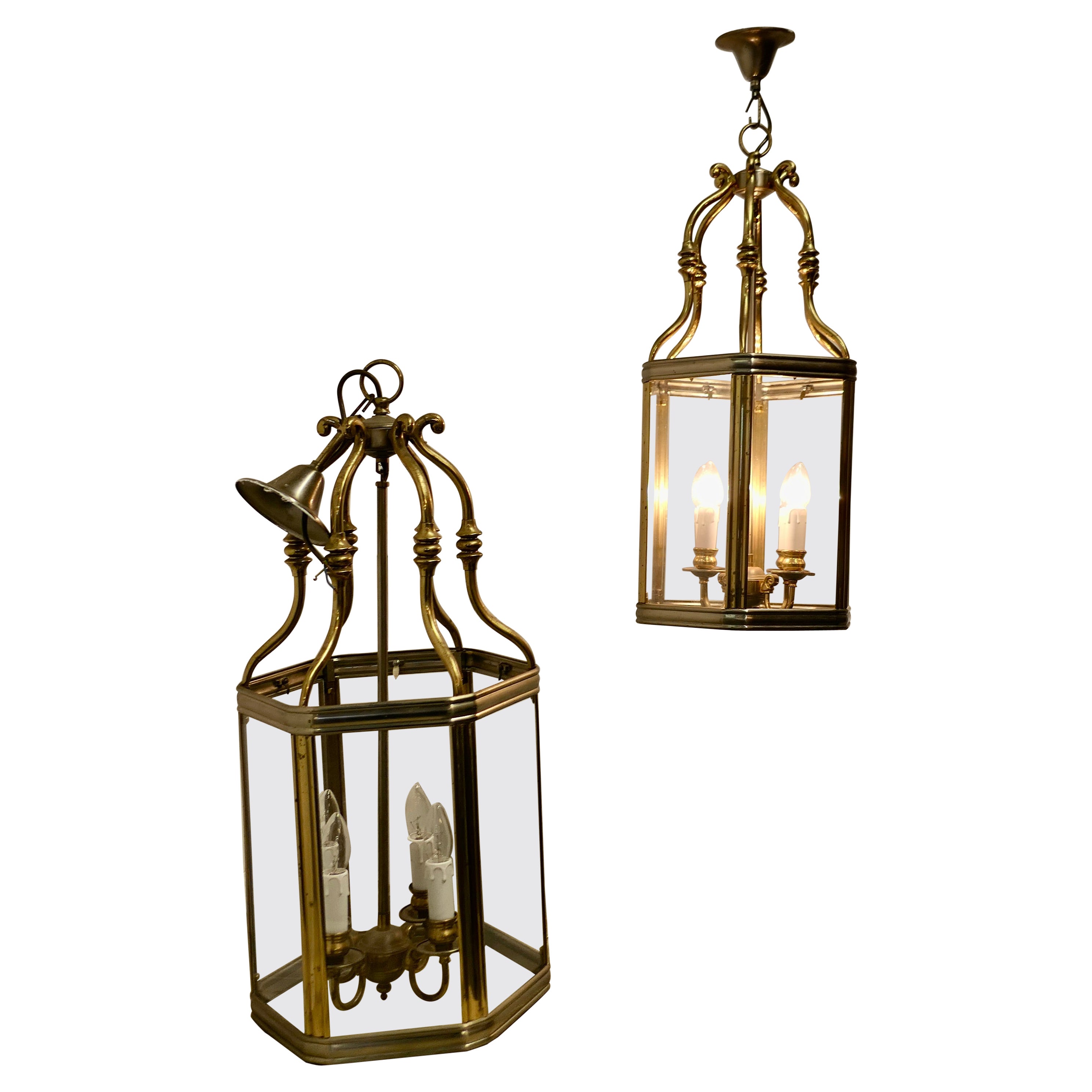 Pair of Very Large French Art Deco Brass & Glass Hall Lanterns a Superb Impr For Sale
