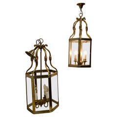 Retro Pair of Very Large French Art Deco Brass & Glass Hall Lanterns a Superb Impr