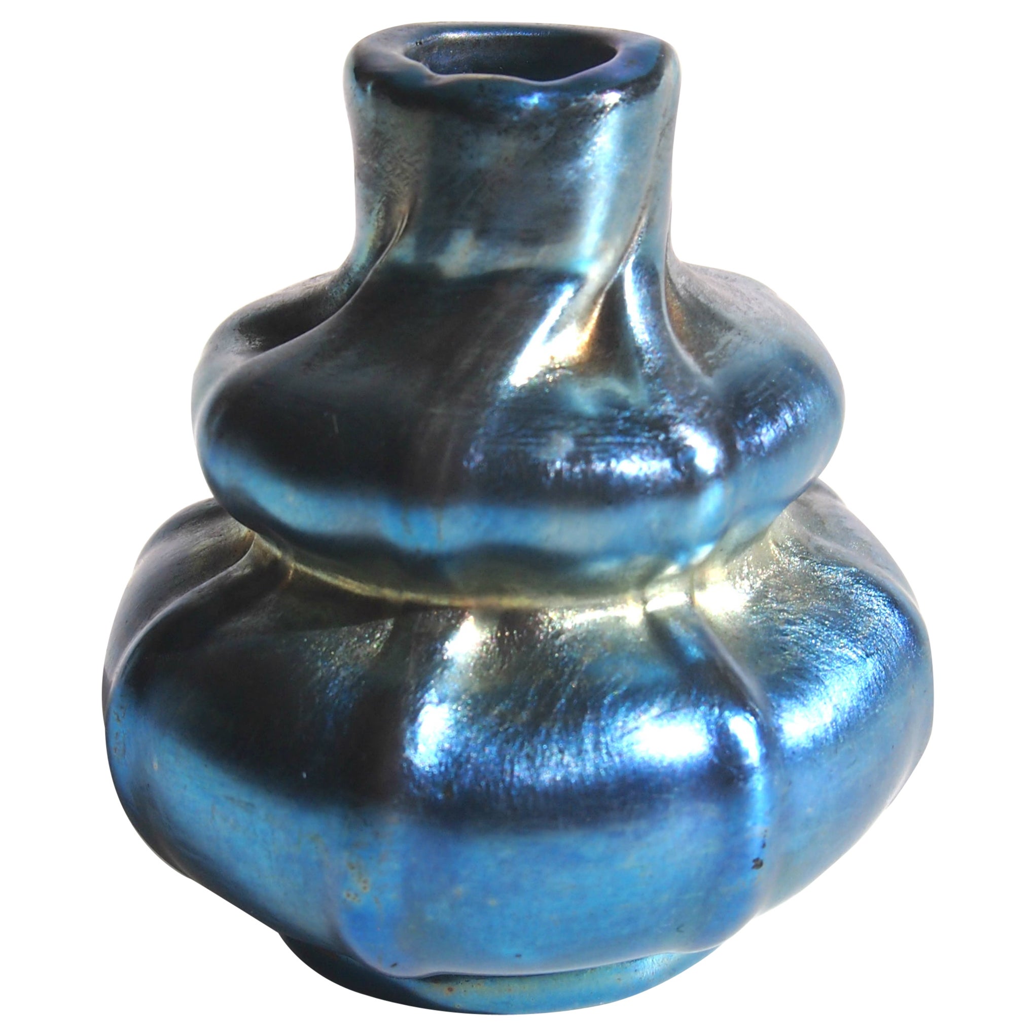 L C Tiffany Blue Miniature Favrile Glass Vase, Signed