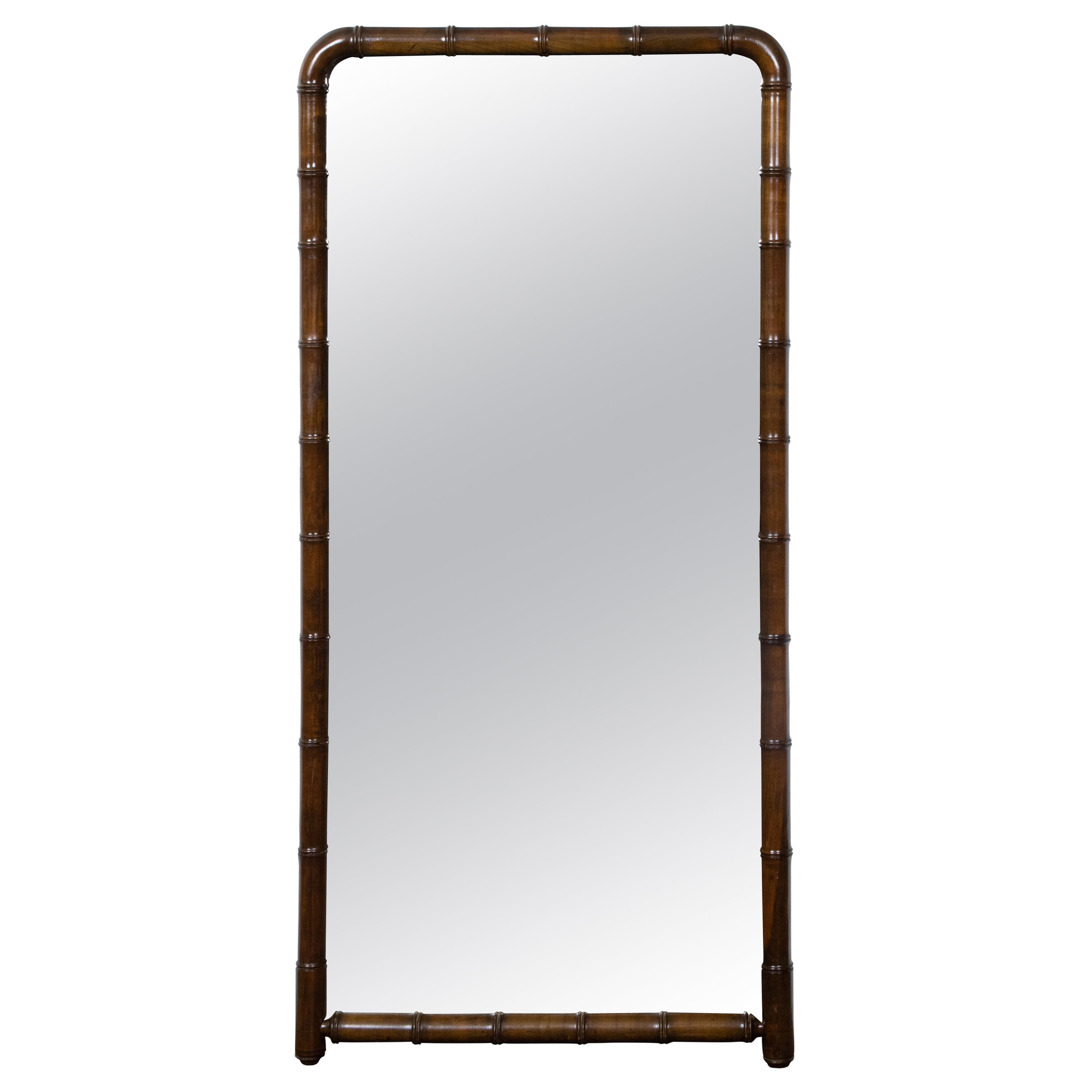 Turn of the Century Faux Bamboo French Walnut Mirror with Rounded Corners, 1900s For Sale