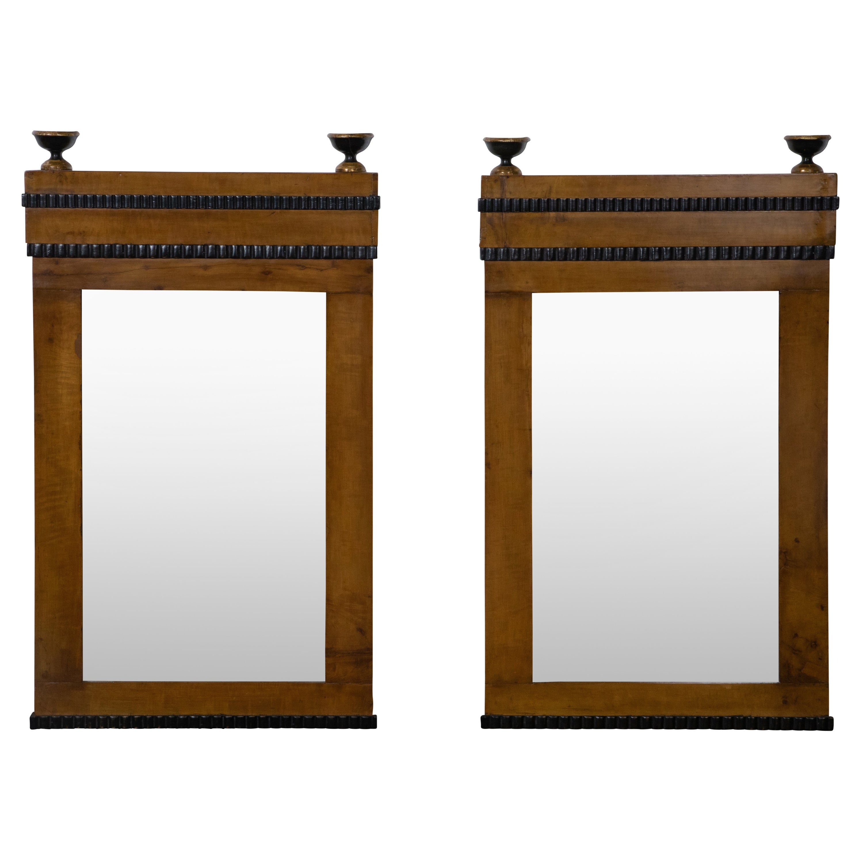 Pair of Walnut Wall Mirrors Made of 19th Century Biedermeier Components For Sale