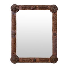 French Tramp Art Folk Wall Mirror circa 1900 with Hand-Carved Geometric Décor