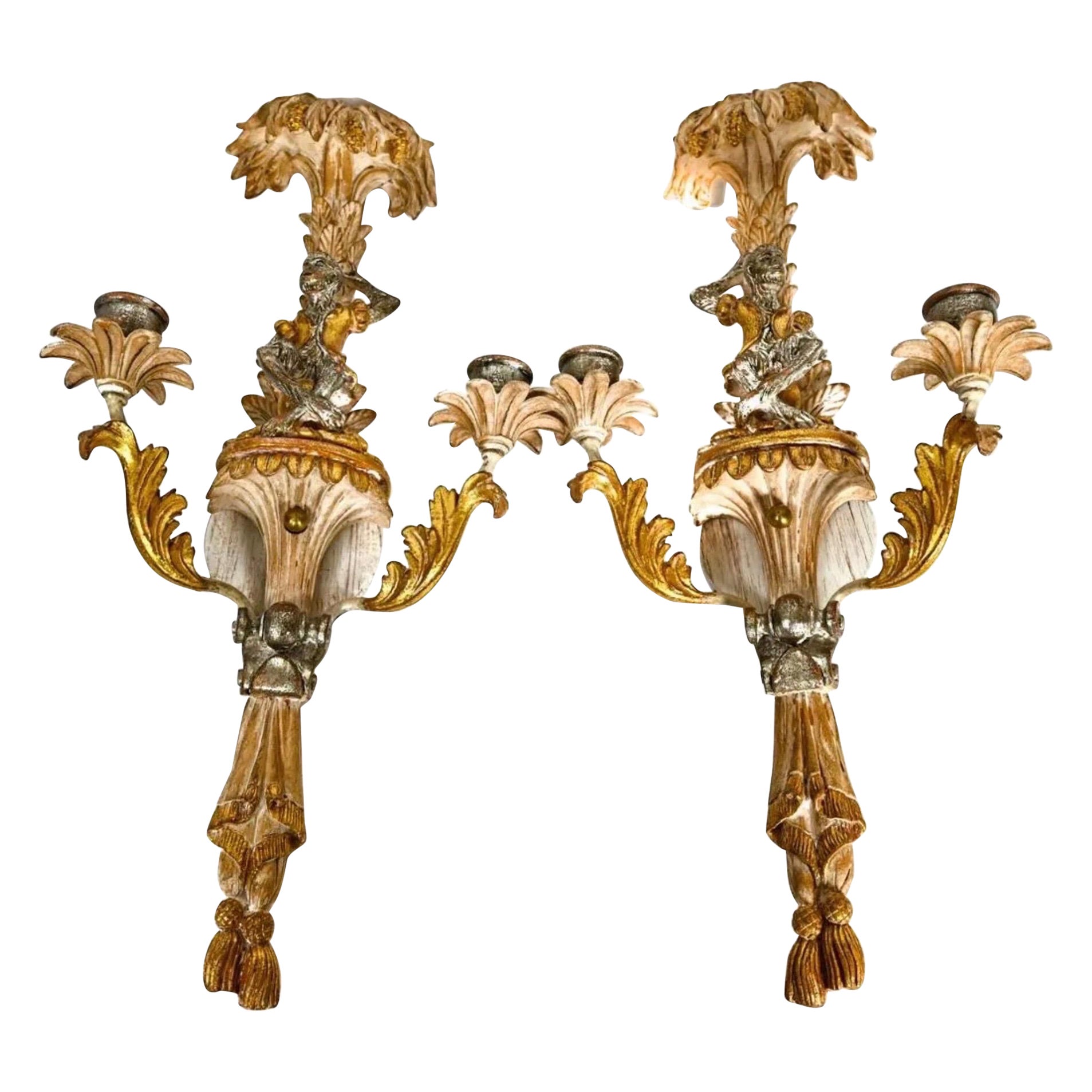 Pair of Italian Butler Monkey Wood Painted Sconces For Sale