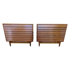 Stunning Pair of American of Martinsville Walnut Brass Louvered Bachelors Chests