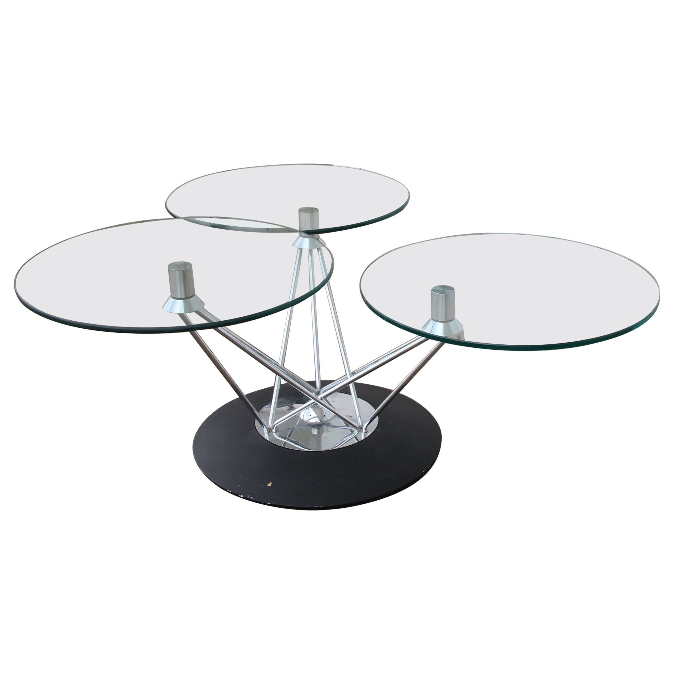 Modern Adjustable Swiveling Three Tier Chrome & Glass Cocktail Table For Sale