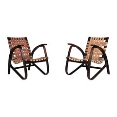 Jan Vaněk Pair of Lounge Chairs in Bentwood and Canvas Straps Praque, 1940s