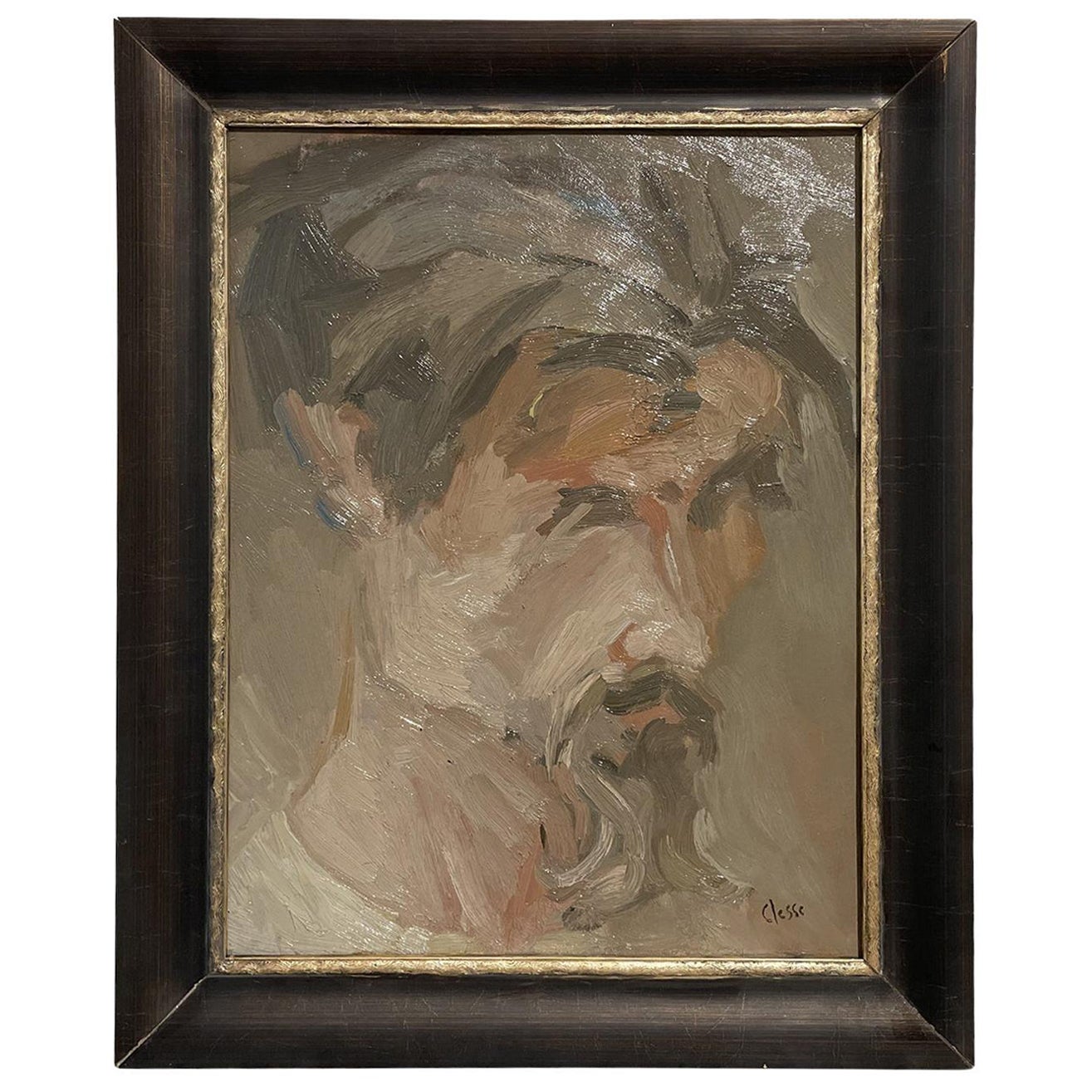 Peinture à l'huile d'un autoportrait français du 20e siècle, marron clair, de Daniel Clesse en vente