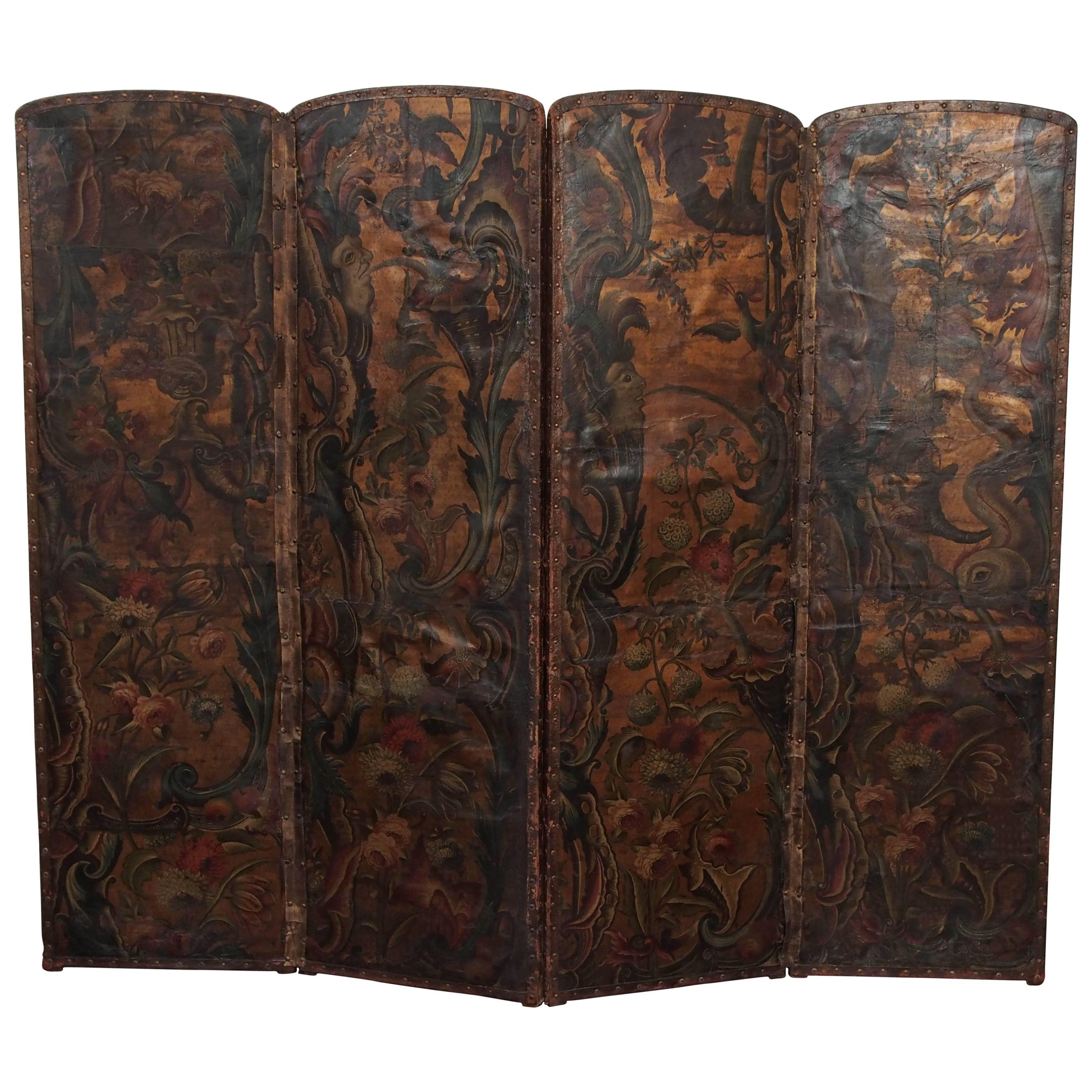 18th Century Polychrome, Embossed Four-Panel Leather Screen For Sale