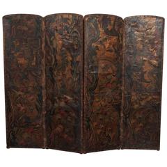 18th Century Polychrome, Embossed Four-Panel Leather Screen