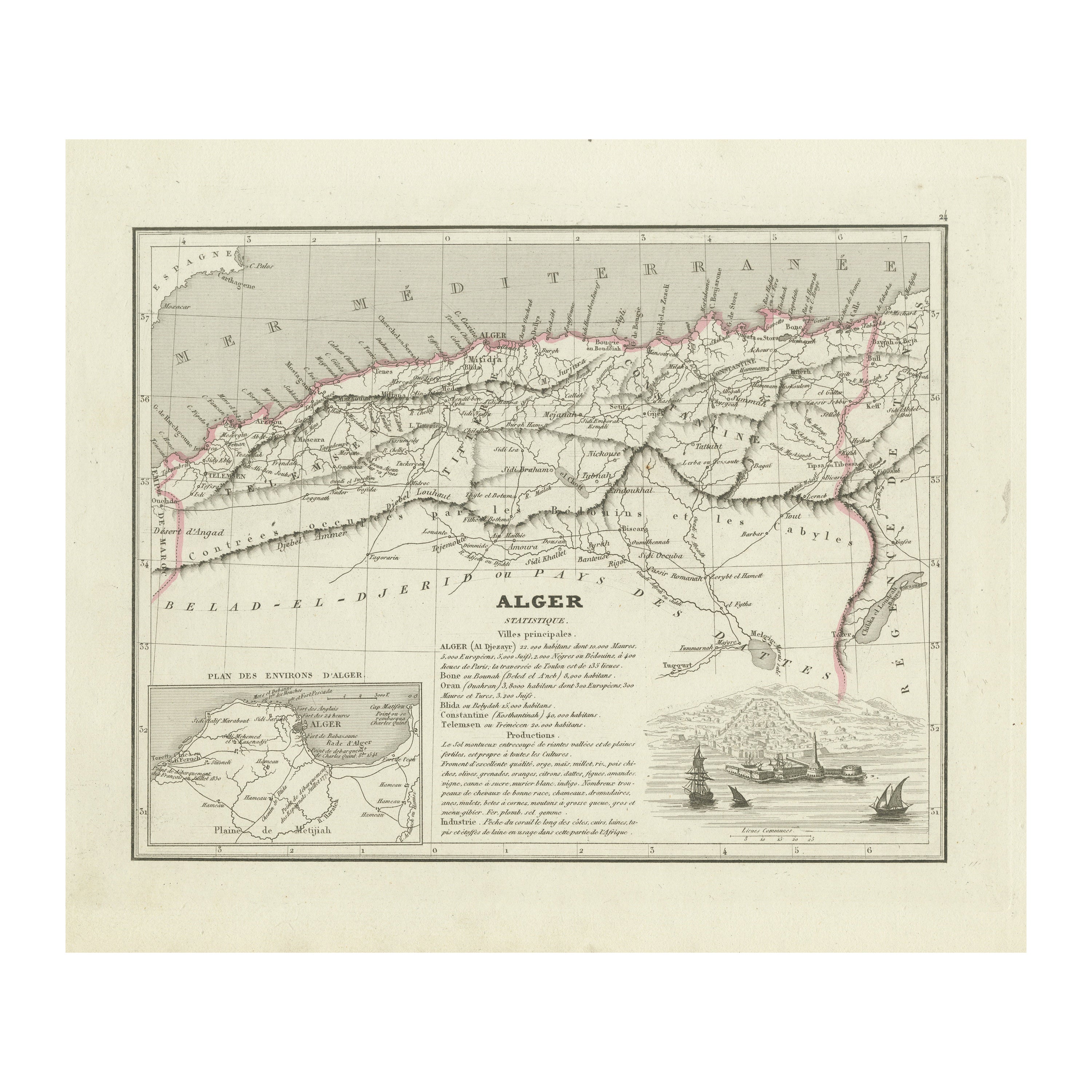 Antique Map of the Region of Algiers, Algeria