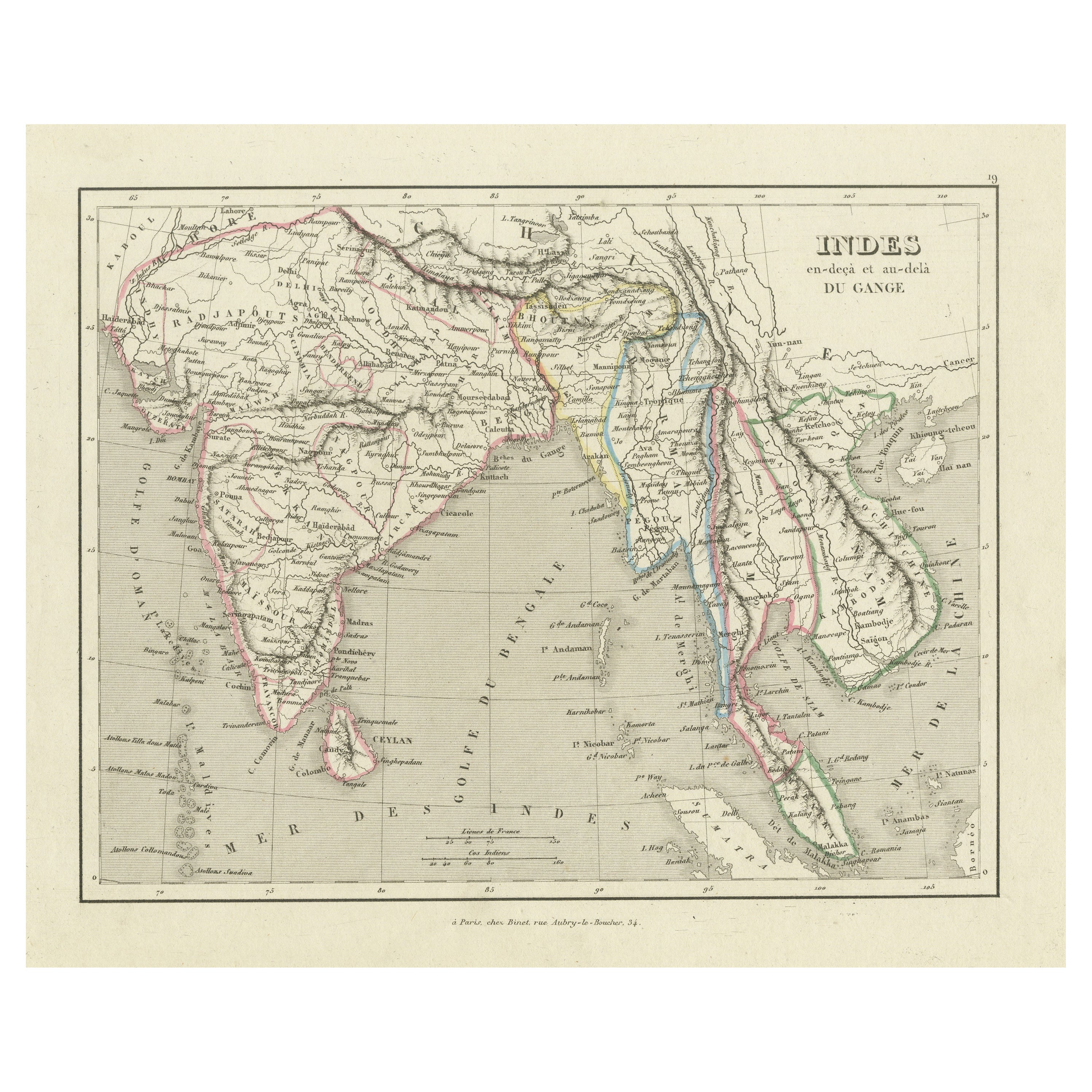Carte ancienne de l'Inde à l'Asie du Sud-Est en vente