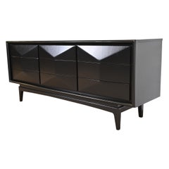 Mid-Century Modern Black Lacquered Diamond Front Dresser or Credenza by United